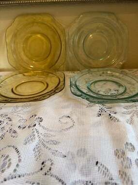 Vintage Depression Glass Dessert Plates Set in Amber and Light Teal